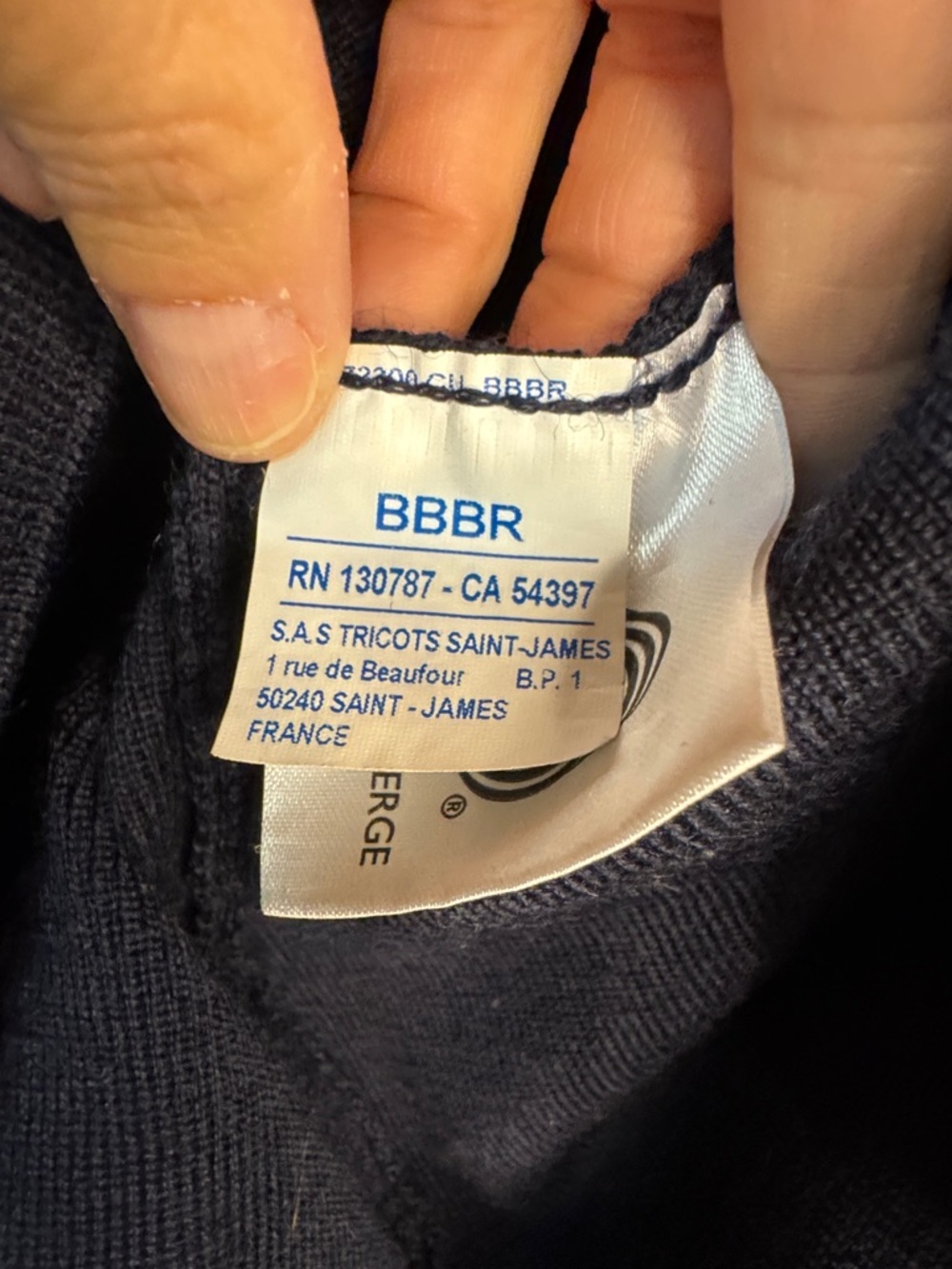 Saint James Navy Crewneck Sweater with White Chevron Yoke - Picture 4 of 12
